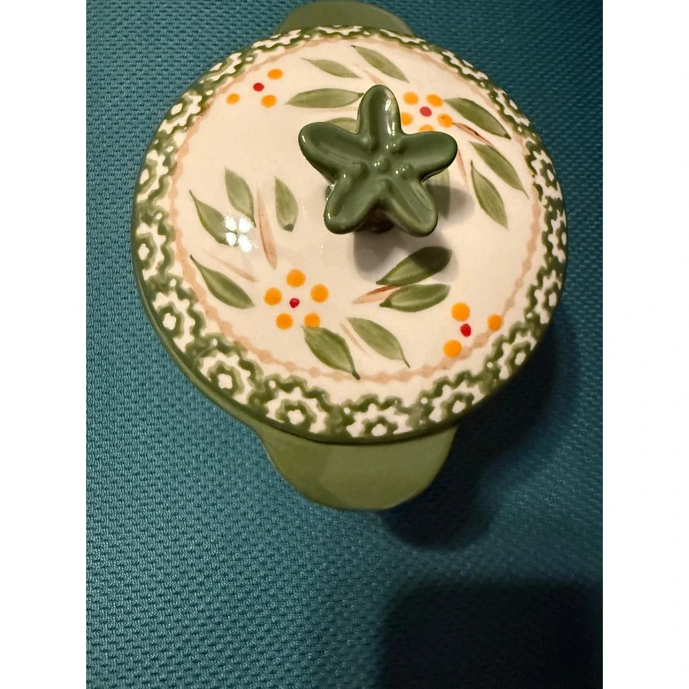 Temp-tations by Tara Old World Green 8 oz Lidded Ramekin Hand Painted Ceramic
